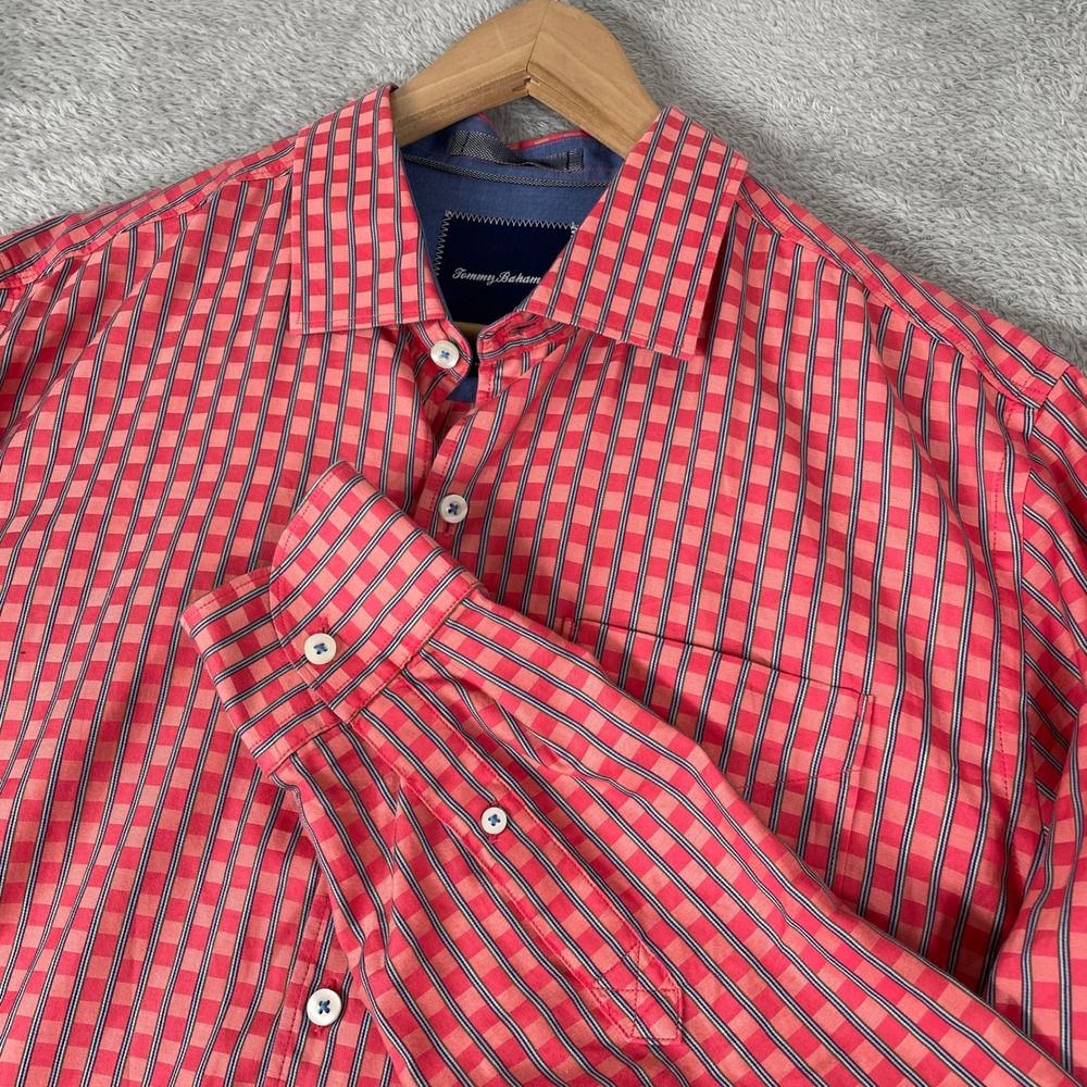 Tommy Bahama Island Modern Fit Shirt Mens Large Red Blue Gingham Plaid